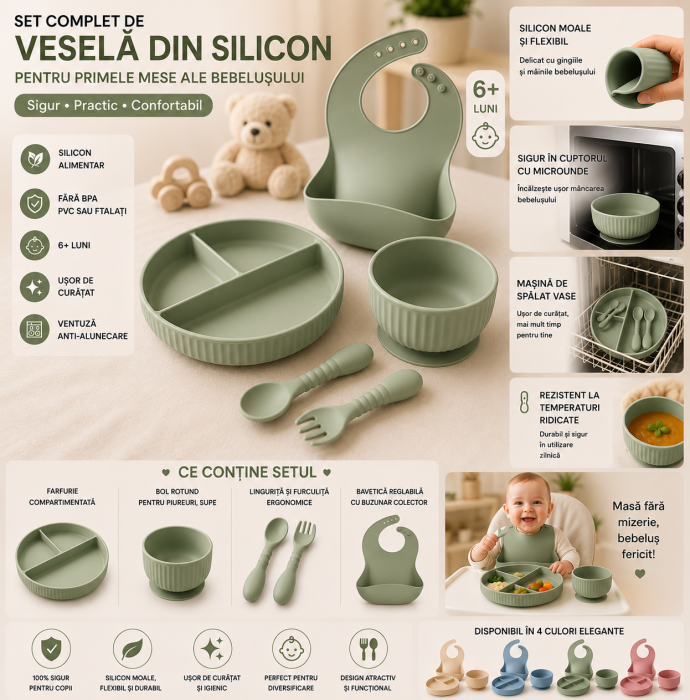 Set hranire din silicon pentru copii –  5  piese, din silicon BPA free, 6+ luni, farfurie, bol, pahar, bavetica, tacamuri, Set pentru diversificare [2]