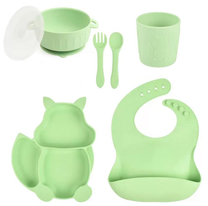 Set hranire din silicon pentru copii –  6 piese, din silicon BPA free, 6+ luni, farfurie, bol cu capac, pahar, bavetica, tacamuri, Set pentru diversificare [1]