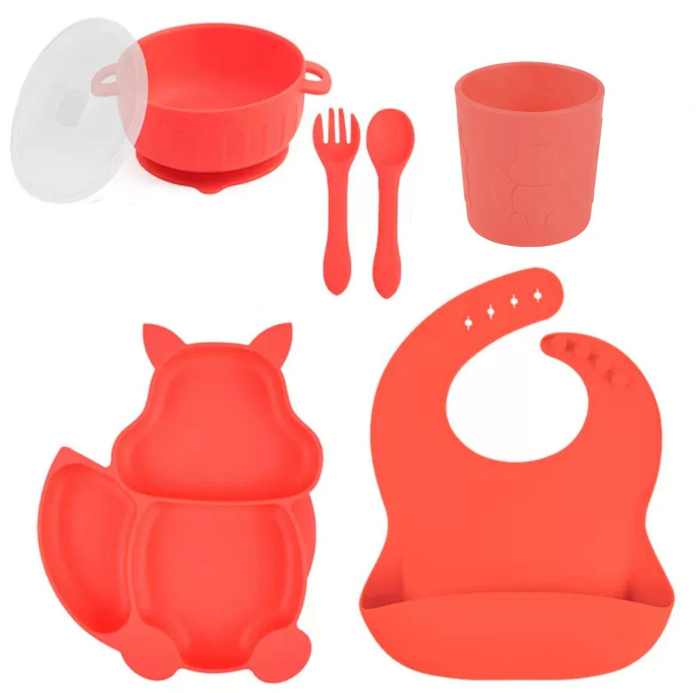 Set hranire din silicon pentru copii –  6 piese, din silicon BPA free, 6+ luni, farfurie, bol cu capac, pahar, bavetica, tacamuri, Set pentru diversificare [1]