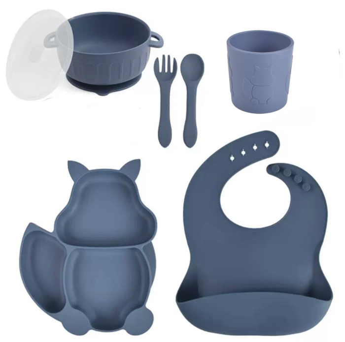 Set hranire din silicon pentru copii –  6 piese, din silicon BPA free, 6+ luni, farfurie, bol cu capac, pahar, bavetica, tacamuri, Set pentru diversificare [1]