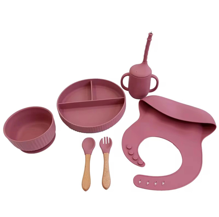 Set hranire din silicon pentru copii –  6 piese, din silicon BPA free, 6+ luni, farfurie, bol, pahar, bavetica, tacamuri, Set pentru diversificare [1]
