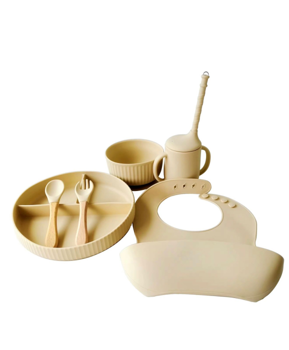 Set hranire din silicon pentru copii –  6 piese, din silicon BPA free, 6+ luni, farfurie, bol, pahar, bavetica, tacamuri, Set pentru diversificare [1]