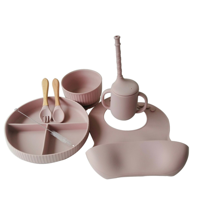 Set hranire din silicon pentru copii –  6 piese, din silicon BPA free, 6+ luni, farfurie, bol, pahar, bavetica, tacamuri, Set pentru diversificare [1]