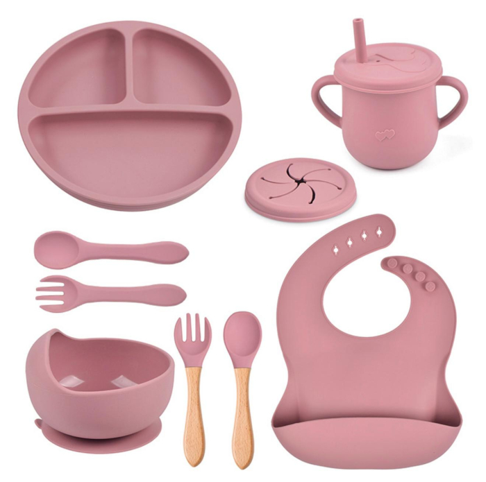 Set hranire din silicon pentru copii –  8 piese, din silicon BPA free, 6+ luni, farfurie, bol, pahar, bavetica, tacamuri, Set pentru diversificare [1]