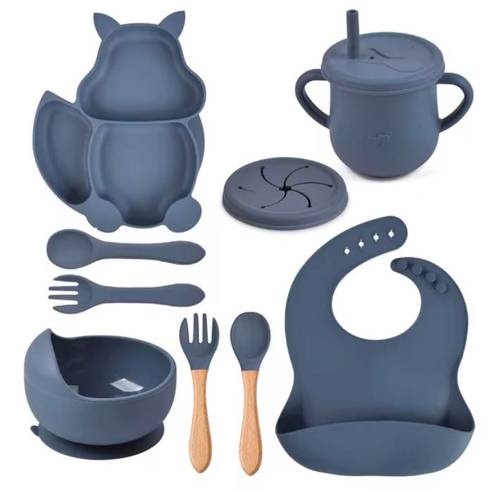 Set hranire din silicon pentru copii –  8 piese, din silicon BPA free, 6+ luni, farfurie, bol, pahar, bavetica, tacamuri, Set pentru diversificare [1]