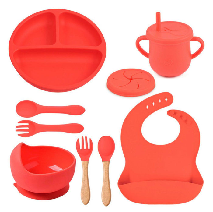 Set hranire din silicon pentru copii –  8 piese, din silicon BPA free, 6+ luni, farfurie, bol, pahar, bavetica, tacamuri, Set pentru diversificare [1]