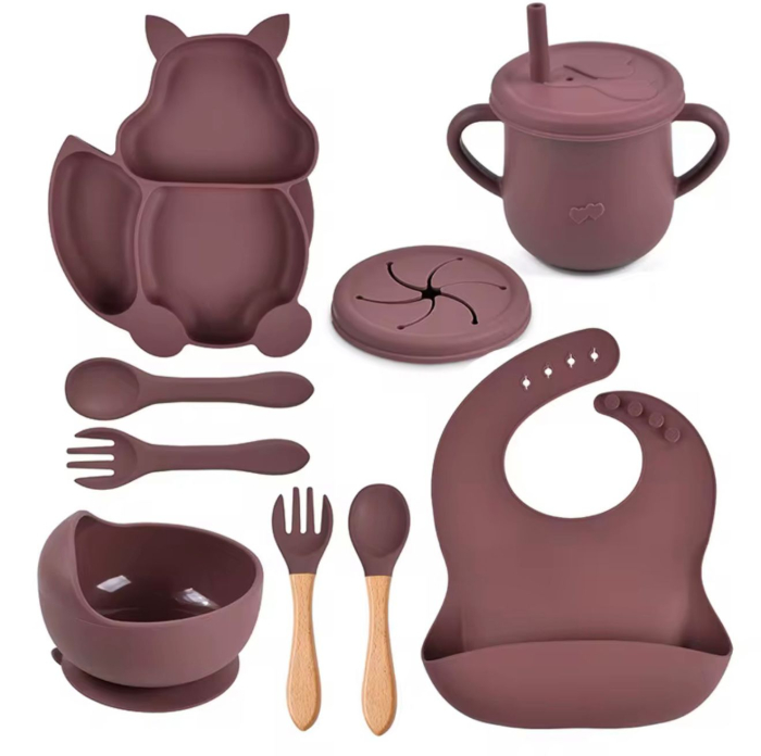 Set hranire din silicon pentru copii –  8 piese, din silicon BPA free, 6+ luni, farfurie, bol, pahar, bavetica, tacamuri, Set pentru diversificare [1]