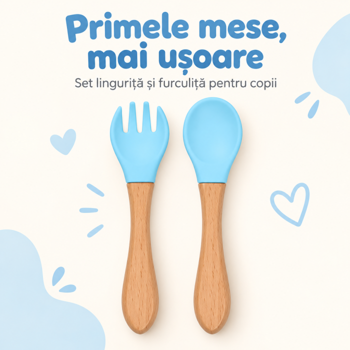 Set tacamuri din silicon alimentar cu lingurita si furculita baby blue, maner din lemn, pentru diversificare bebelusi 6+ luni [2]