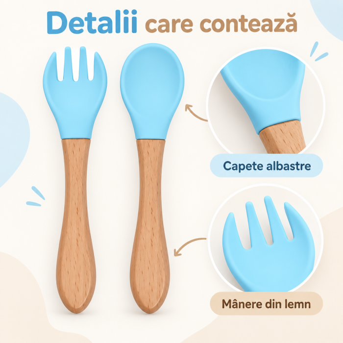 Set tacamuri din silicon alimentar cu lingurita si furculita baby blue, maner din lemn, pentru diversificare bebelusi 6+ luni [4]
