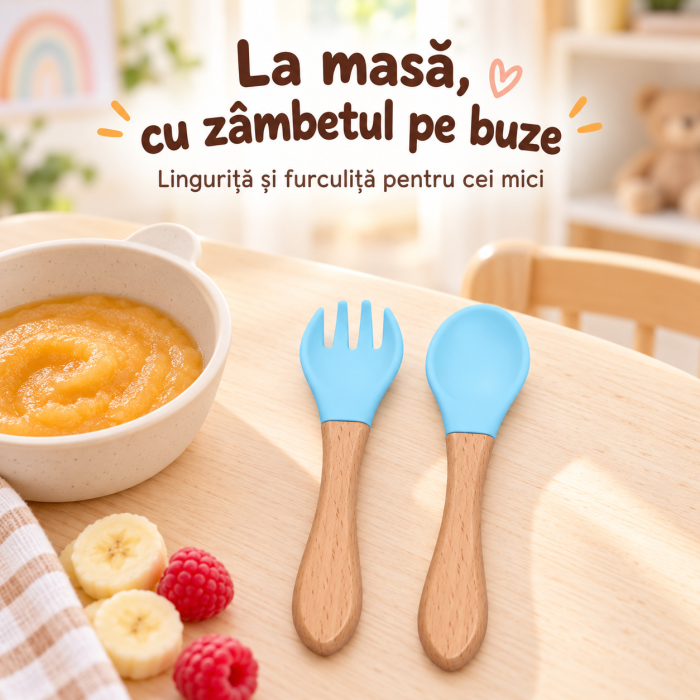 Set tacamuri din silicon alimentar cu lingurita si furculita baby blue, maner din lemn, pentru diversificare bebelusi 6+ luni [3]