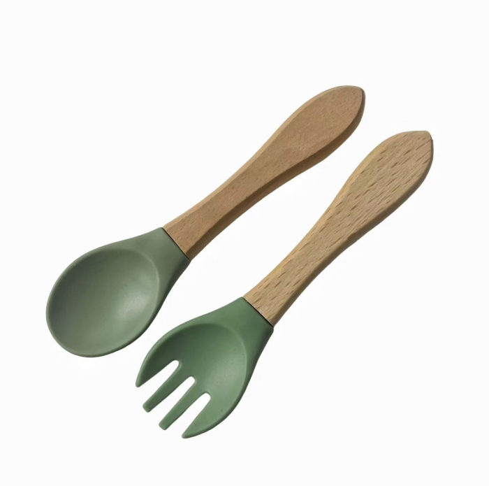 Set tacamuri din silicon alimentar cu lingurita si furculita, maner din lemn, pentru diversificare bebelusi 6+ luni [1]