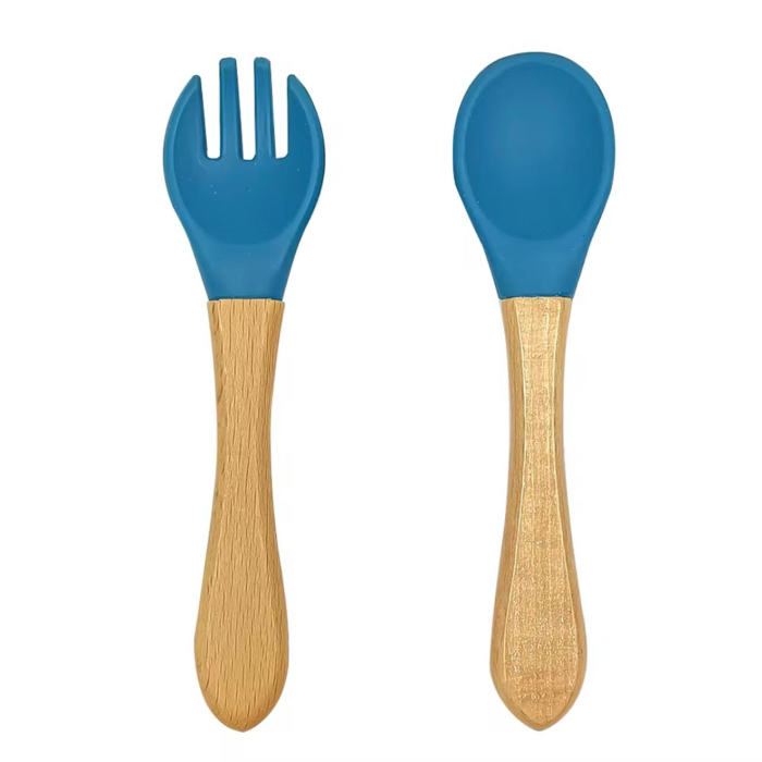 Set tacamuri din silicon alimentar cu lingurita si furculita, maner din lemn, pentru diversificare bebelusi 6+ luni [1]