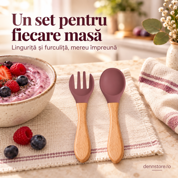 Set tacamuri din silicon alimentar cu lingurita si furculita mov, maner din lemn, pentru diversificare bebelusi 6+ luni [3]