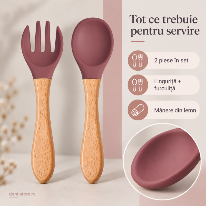 Set tacamuri din silicon alimentar cu lingurita si furculita mov, maner din lemn, pentru diversificare bebelusi 6+ luni [4]