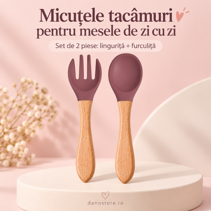 Set tacamuri din silicon alimentar cu lingurita si furculita mov, maner din lemn, pentru diversificare bebelusi 6+ luni [2]