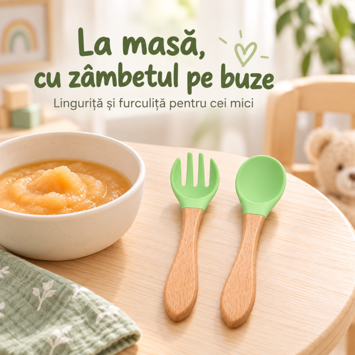 Set tacamuri din silicon alimentar cu lingurita si furculita verde, maner din lemn , pentru diversificare bebelusi 6+ luni [3]