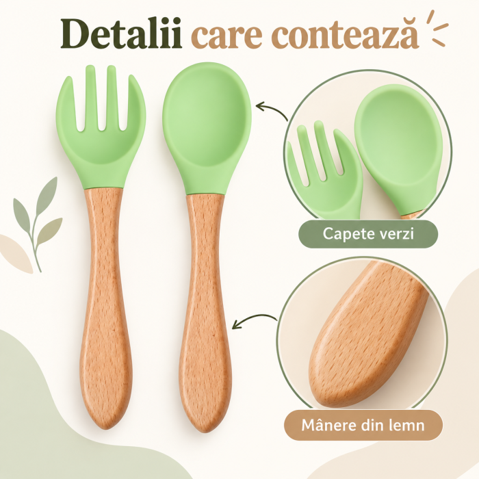 Set tacamuri din silicon alimentar cu lingurita si furculita verde, maner din lemn , pentru diversificare bebelusi 6+ luni [4]