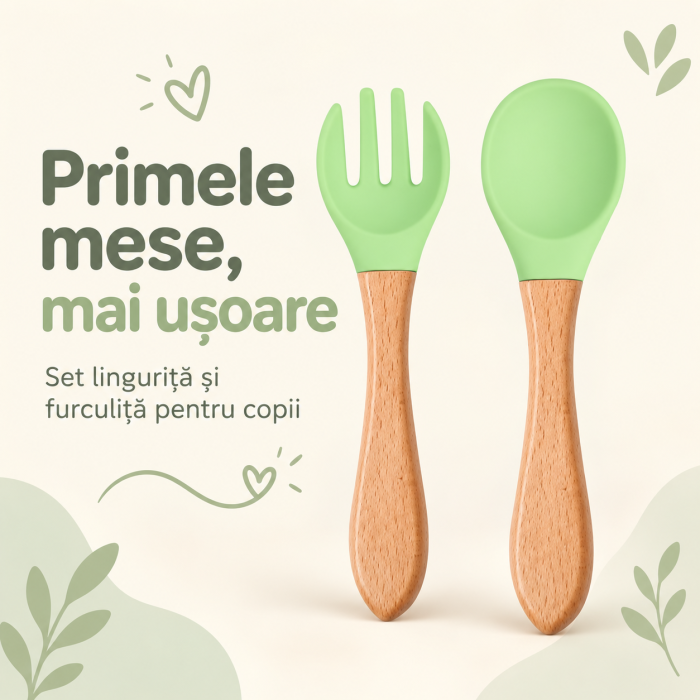 Set tacamuri din silicon alimentar cu lingurita si furculita verde, maner din lemn , pentru diversificare bebelusi 6+ luni [2]