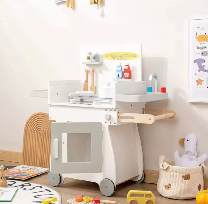 Set tonetă înghețată din lemn pentru copii, mobil pe roți, accesorii complete (conuri, cupete, bomboane, farfurii), rafturi și chiuvetă fictivă — joc de rol educativ pentru 3+ ani, vopsea non-toxic, d [2]