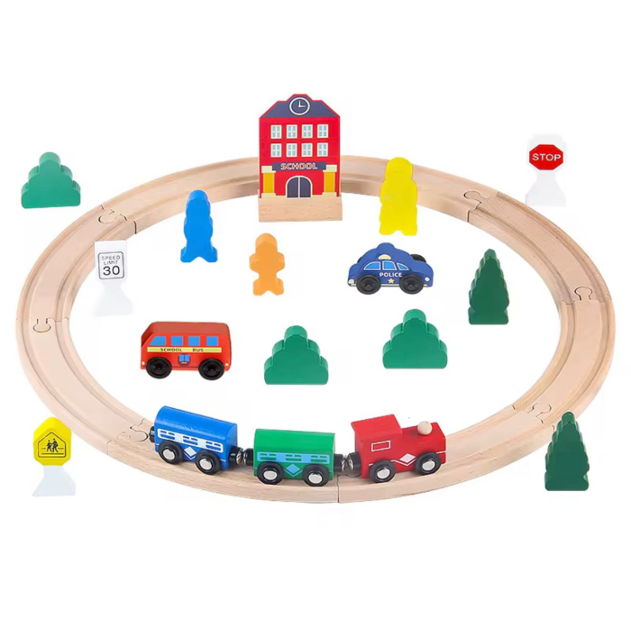 Set tren din lemn 25 piese, accesorii în cutie plastic — jucărie educativă din lemn, pistă circulară, mașinuțe și figurine 2+ ani [4]