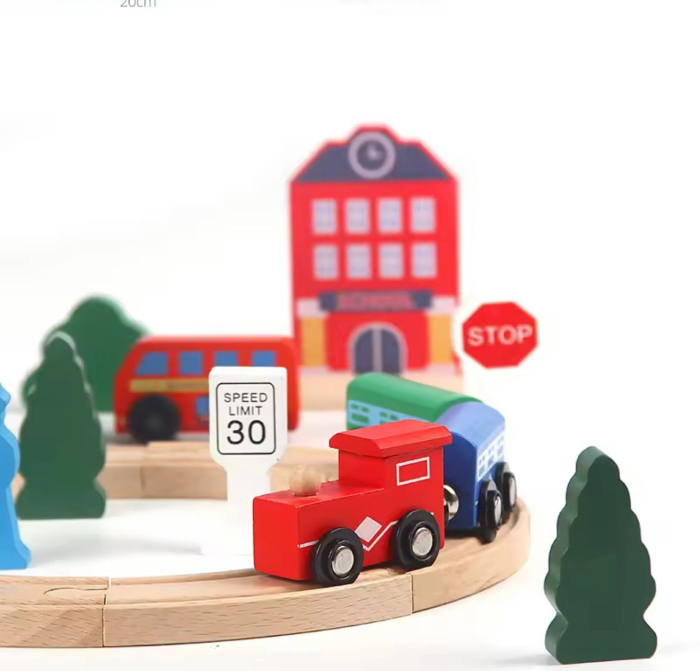 Set tren din lemn 25 piese, accesorii în cutie plastic — jucărie educativă din lemn, pistă circulară, mașinuțe și figurine 2+ ani [3]