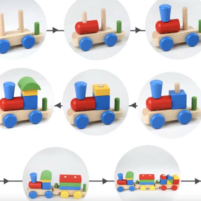 Tren din Lemn cu Forme Geometrice – Jucărie Educativă 3 în 1, Îmbinare și Sortare, 3 Vagoane, Culori Vii [2]