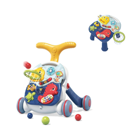 Antemergator si masuta de activitati pentru bebelusi, functie 2in 1, cu panou de activități si joaca, coș de baschet, panou pentru invatarea numerelor, formelor, lumini, sunete