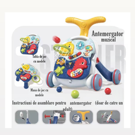 Antemergator si masuta de activitati pentru bebelusi, functie 2in 1, cu panou de activități si joaca, coș de baschet, panou pentru invatarea numerelor, formelor, lumini, sunete [3]