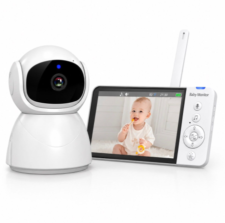 Produse - Baby Monitor Cameră de supraveghere pentru Bebeluși Denn Store, Ecran LCD 5”, 1080P, Cameră Rotativă Sus-Jos și Stânga-Dreapta cu Zoom, Baterie 5000mAh, Rază 300m, Vedere Nocturnă, Mod VOX, Monitoriza