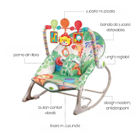 Balansoar si scaun Bebe cu Vibrații și Jucării  0+ luni, pana la 18 kg | Jucării Detasabile, Spătar Reglabil [4]