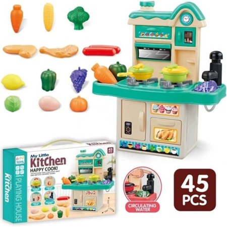 Bucătărie de Jucărie „My Little Kitchen – Happy Cook!” | Set Complet 45 Piese | Apă Circulantă, Plită, Cuptor, Legume & Accesorii | 3+ ani Minibucatarie copii [2]