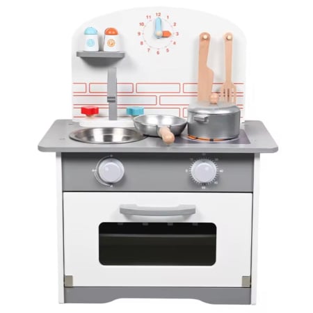 Produse - Bucătărie din lemn pentru copii completa– cu accesorii incluse | Joc de rol educativ Set Ustensile, Cuptor cu Butoane, Plita, Chiuveta,