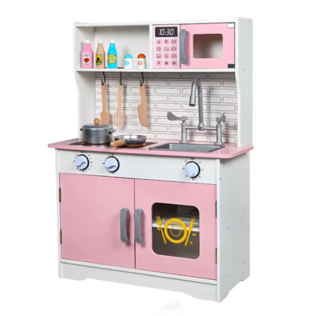 Produse - Bucătărie jucărie din lemn pentru copii 78 cm – Set de joacă roz cu chiuvetă, plită, cuptor şi accesorii, accesorii din lemn, ideal 3+ ani