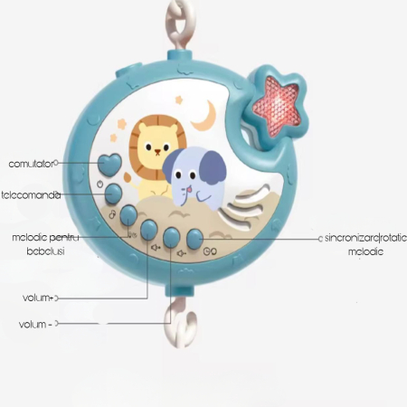 Carusel Muzical pentru Pătuț bebelus, Proiecție & Telecomandă | 0+ luni, 4 jucarii detasabile, Cantece de Leagan/Melodii Calmante, cu Telecomanda [3]