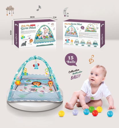 Centru de joacă pentru bebeluși cu 15 bile colorate și 5 jucării suspendate, salteluta si tarc de joaca multicolor pentru bebelusi 0+ luni [1]