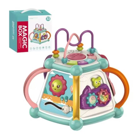 Produse - Centru educațional interactiv 7-în-1 pentru bebeluși – Magic Activity Box,  sunete, roți , mărgele și activități Montessori 6 luni+