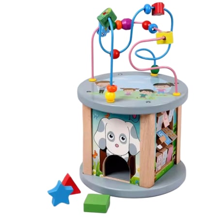 Produse - Centru educativ din lemn 5 în 1 – Sortator de forme & labirint cu mărgele  20x20x32.1cm | Joc Montessori 12 luni +