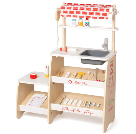 Produse - Clinică medicala, set doctor pentru copii—60x23x77 cm, accesorii doctor (stetoscop, seringi, medicamente jucărie), vopsea non-toxic, rafturi depozitare și chiuvetă detașabilă — Joc de rol educativ, de