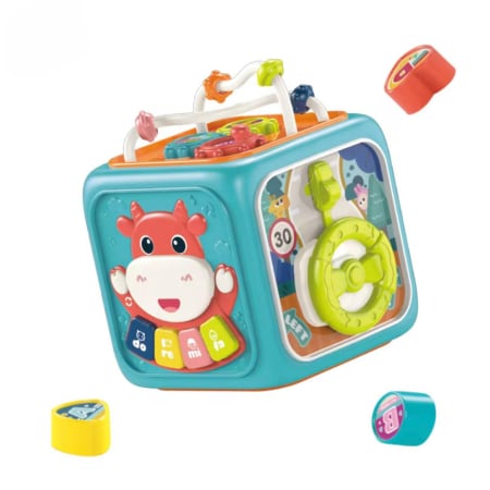Produse - Cub educațional interactiv 6-în-1 pentru copii – lumini, sunete, pian Do-Re-Mi, volan, ceas, forme geometrice și roți 6 luni+