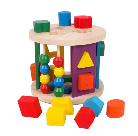 Cub sortator Forme din Lemn 3 în 1 – Jucărie Educativă cu Forme Geometrice, pentru Copii 1 an+