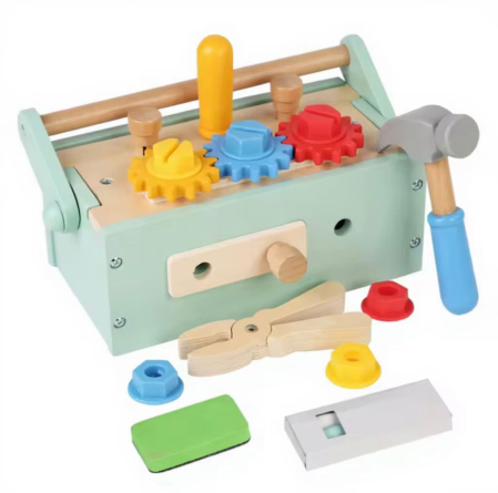 Produse - Cutie de scule multifunctională portabila din lemn pentru copii cu ciocan, șurubelniță, șuruburi, piulițe, roți dințate, clește, Montessori, 3+ ani