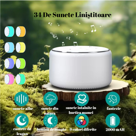 Dispozitiv Sunete Albe, 34 sunete Linistitoare, 9 culori ajustabile, Lumina Veghe, Functie Timer Si Memorare, Incarcator USB-C, pentru copii si adulti, 2000mAH Lampa de veghe [1]
