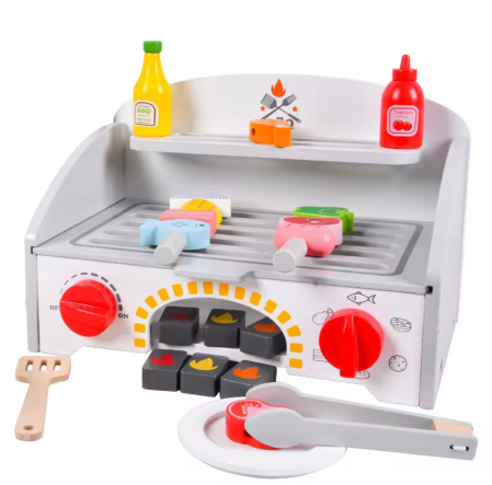 Produse - Grătar, BBQ de jucărie din lemn pentru copii, set role-play, accesorii incluse: spatulă, clește, cărbuni, sosuri, frigărui 3+ ani