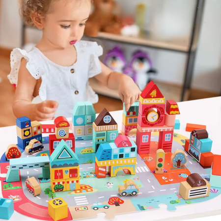 Joc cuburi de lemn Oras colorat, 100 piese, puzzle, Dezvoltare motrica si inteligenta, imaginatiecopii [1]