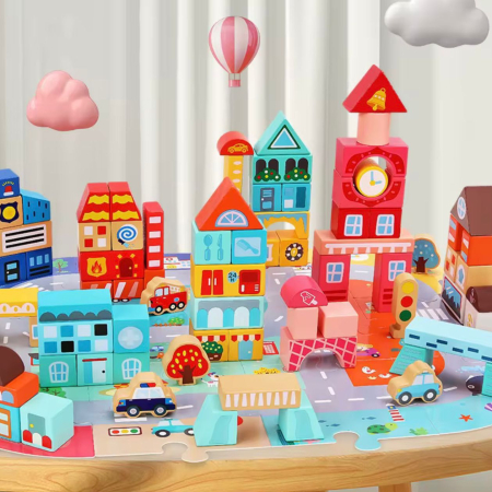 Joc cuburi de lemn Oras colorat, 100 piese, puzzle, Dezvoltare motrica si inteligenta, imaginatiecopii [2]