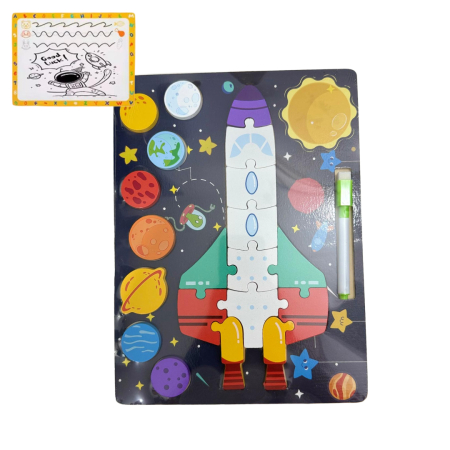 Joc educativ multifunctional 3in1 din lemn – Puzzle, potrivire forme și tablă de scris Racheta