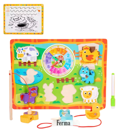 Joc educativ multifuncțional din lemn – Puzzle, ceas didactic, joc de pescuit magnetic și tablă de scris Animale de ferma