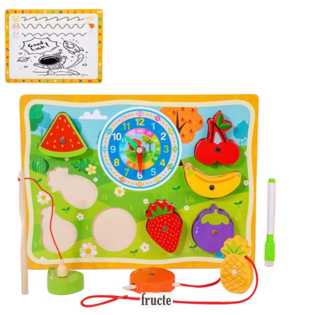 Joc educativ multifuncțional din lemn – Puzzle, ceas didactic, joc de pescuit magnetic și tablă de scris Fructe