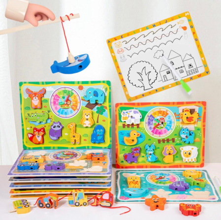 Joc educativ multifuncțional din lemn – Puzzle, ceas didactic, joc de pescuit magnetic și tablă de scris Masini de constructii [1]
