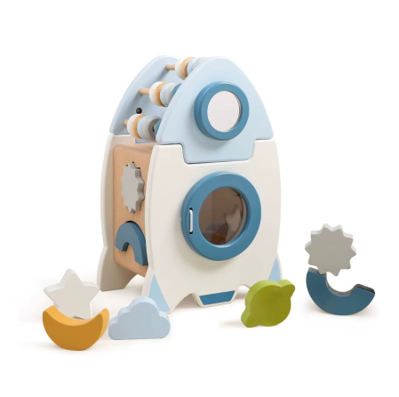 Jucării din lemn - Jucărie din lemn Racheta multifuncțională – sortare forme, numaratoare, activități senzoriale, piese colorate 12+ luni